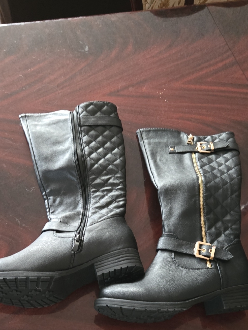 Global Win Black Quilted Mid-Calf Boots with Gold Buckle Detail